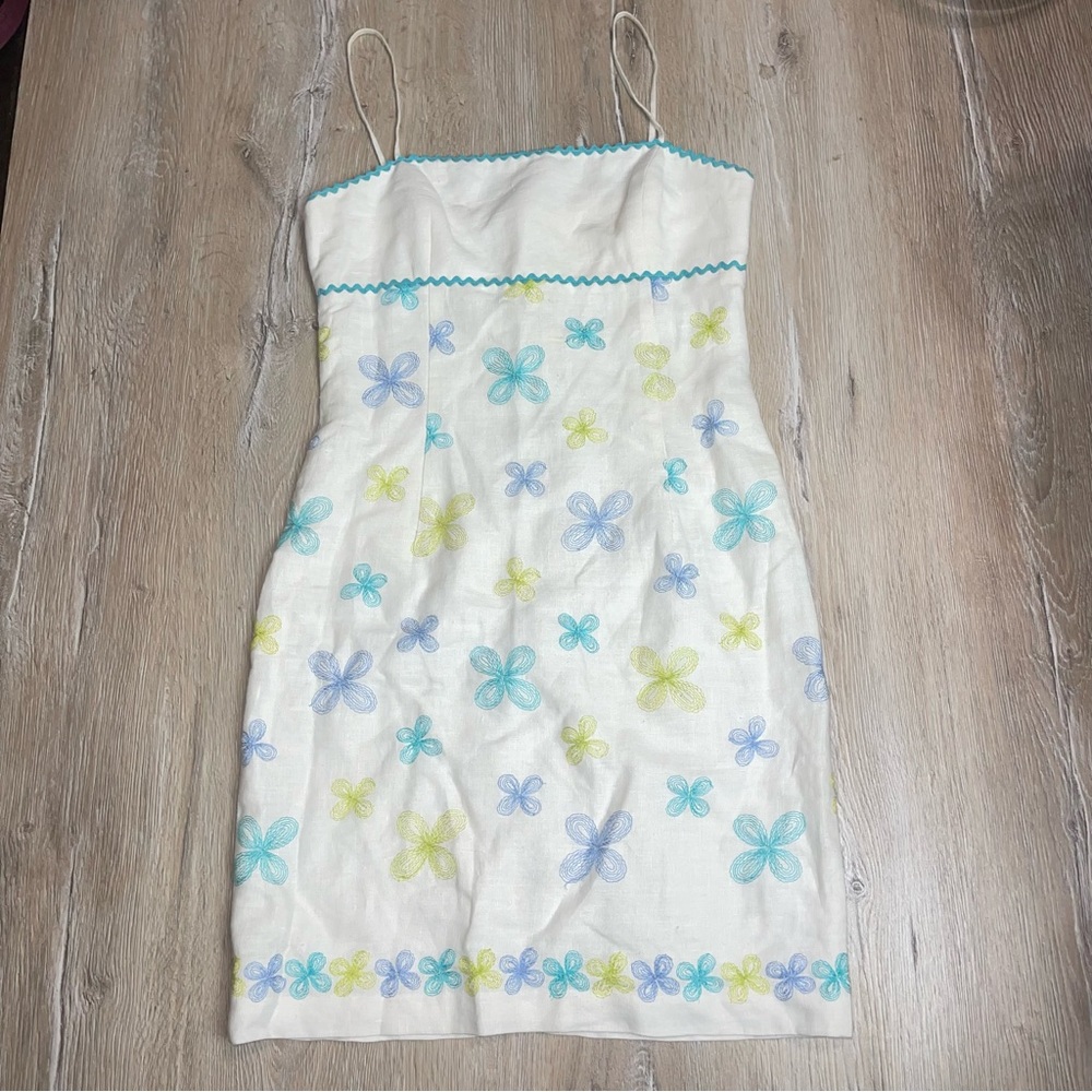Muse Women’s Linen Floral Above The Knee Mini Dress Lined Spaghetti Strapped 4